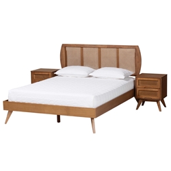 Baxton Studio Asami Mid-Century Modern Walnut Brown Finished Wood and Woven Rattan Queen Size 3-Piece Bedroom Set